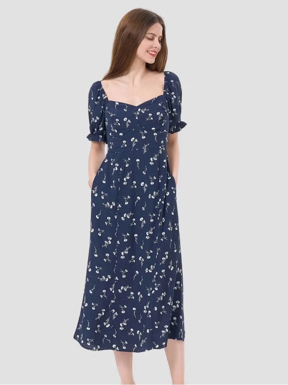 a new day Navy Floral Square-Neck Midi Dress with Puff Sleeves
